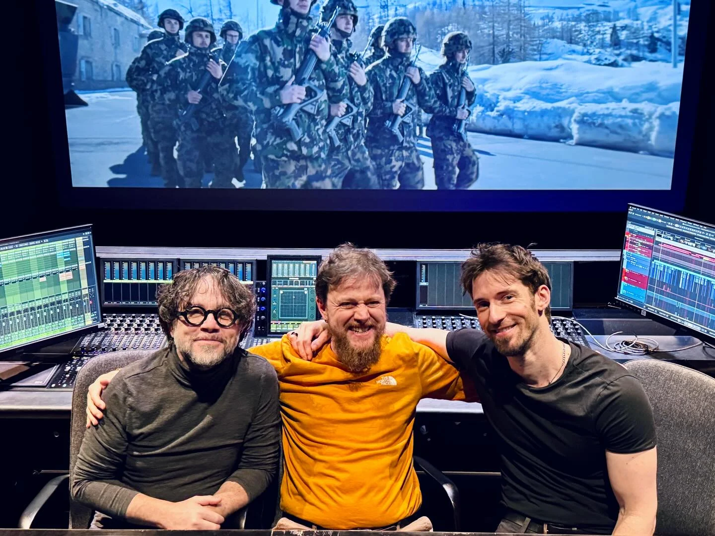 Lorenzo Soldini with members of the audio team at the Frontaliers Sabotage dubbing stage